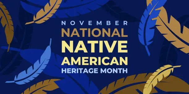 Vector illustration of Native american heritage month. Vector banner, poster, card, content for social media with the text National native american heritage month. Background with a national ornament, a pattern of feathers.