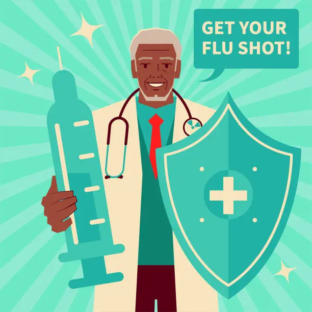 Vector illustration of Senior adult doctor wearing a stethoscope and holding a Vaccine syringe and shield fighting against coronavirus disease (COVID-19, flu virus)