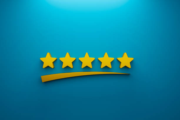 Customer experience and satisfaction concept. Icon five star excellent rating on background. 3d illustration