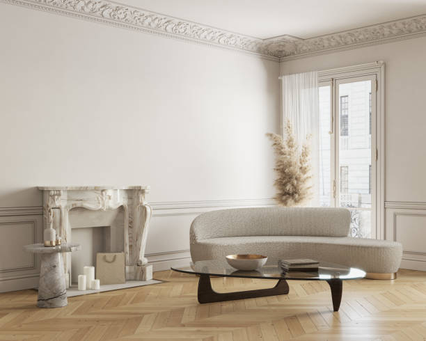 istock Beige-white classic interior with fireplace, sofa, coffee table and decor. 3d render illustration mock up. 1317732622