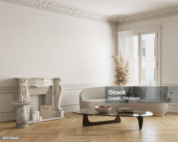 Beigewhite Classic Interior With Fireplace Sofa Coffee Table And Decor 3d Render Illustration Mock Up Stock Photo - Download Image Now