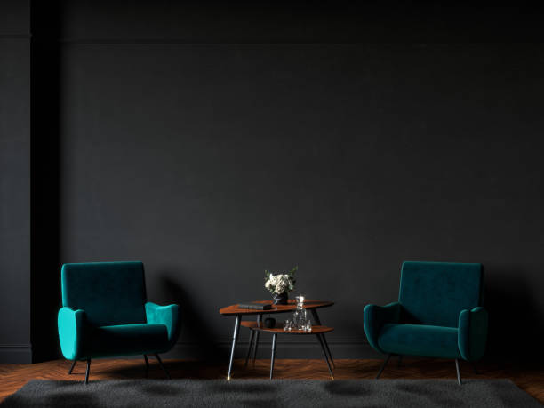 istock Black interior with green velour armchairs, fur carpet and decor. 3d render illustration mockup. 1317733271