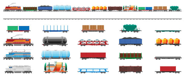 ilustrações de stock, clip art, desenhos animados e ícones de set of train cargo wagons, cisterns, tanks, cars - transportation railroad track train railroad car