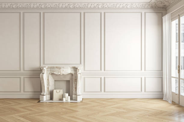istock Classic white-beige blank wall empty interior with fireplace and moldings. 3d render illustration mockup. 1317733480