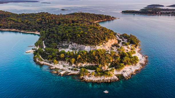 Aerial view of Zlatni Rt (Golden Cape) peninsula and Lone Bay near Rovinj, Istria, Croatia. Famous climbing location. Aerial view of Zlatni Rt (Golden Cape) peninsula and Lone Bay brac island stock pictures, royalty-free photos & images