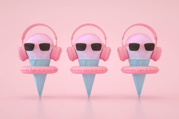 istock Ice cream cone with headphones, Minimal Surreal Summer Concept, 3D Abstract Background 1317734316