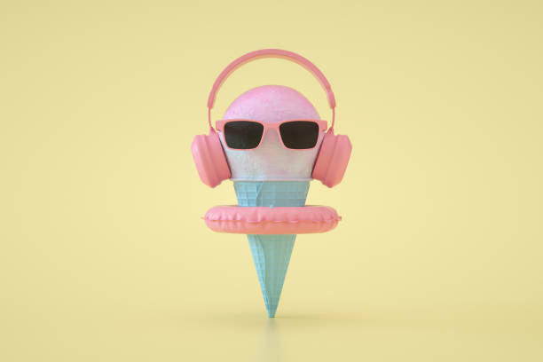 Ice cream cone with headphones, Minimal Surreal Summer Concept, 3D Abstract Background
