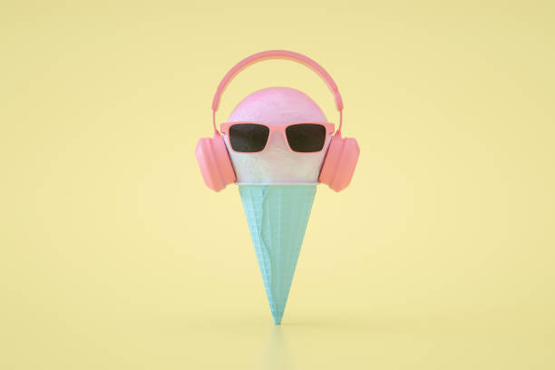 istock Ice cream cone with headphones, Minimal Surreal Summer Concept, 3D Abstract Background 1317734375