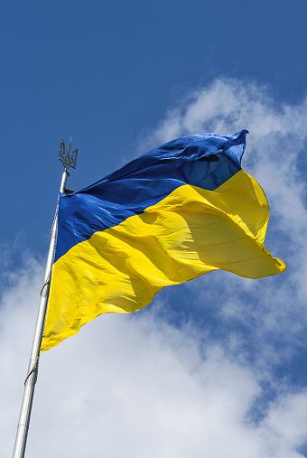 Waving state flag of Ukraine. Symbols and signs