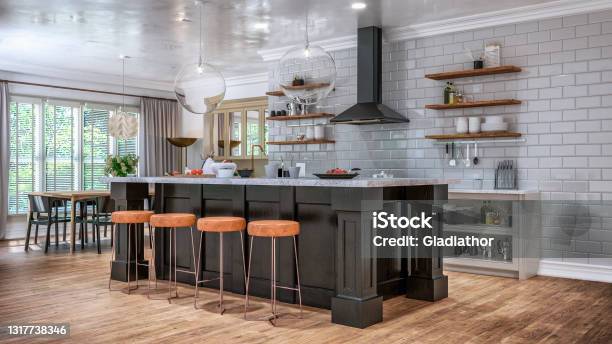 Empty Classic Brown Kitchen And Dining Room With Rectangular Rustic Breakfast Kitchen Island Stock Photo - Download Image Now
