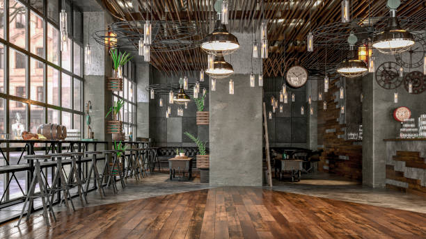 Empty large retro restaurant bar with tables and bar stools in front of windows