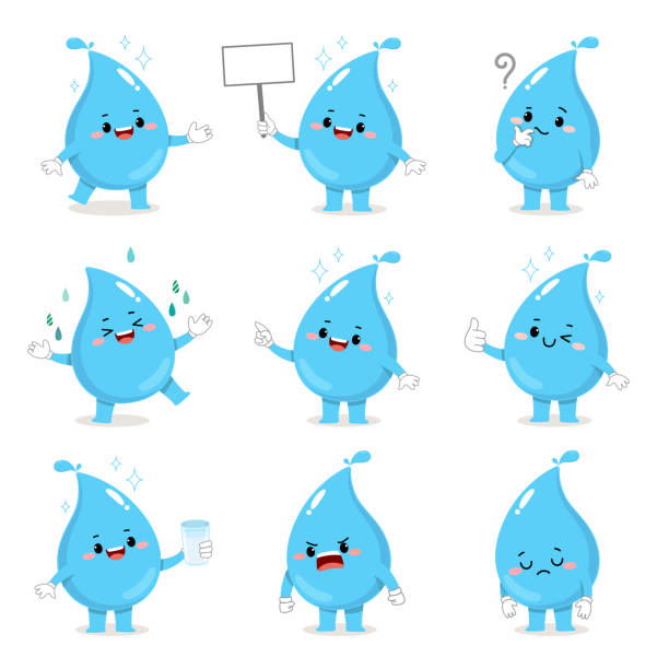 Set of cute water drop cartoon characters with various activities. vector art illustration