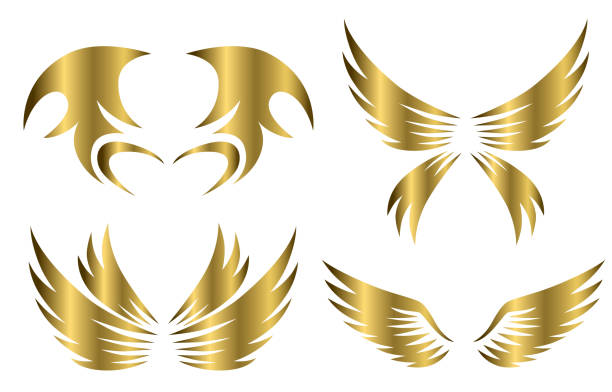 set of gold animal wings logo design vector illustration suitable for branding or symbol. set of gold animal wings logo design vector illustration suitable for branding or symbol. gold metal silhouettes stock illustrations