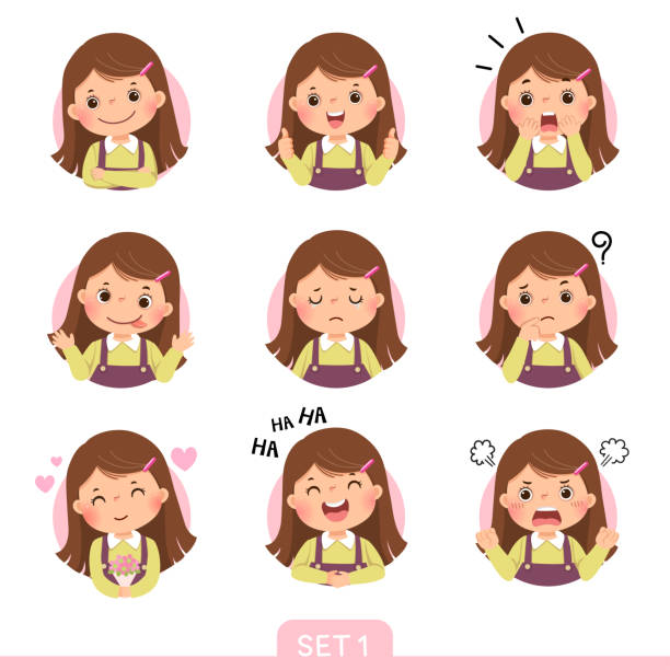 Vector cartoon set of a little girl in different postures with various emotions. Set 1 of 3. vector art illustration