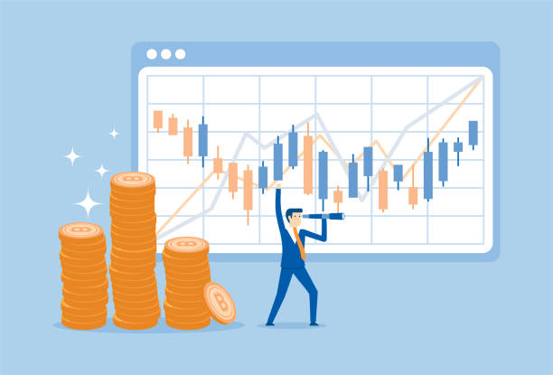 ilustrações de stock, clip art, desenhos animados e ícones de businessman make more profits by buying bitcoins - trading board illustrations