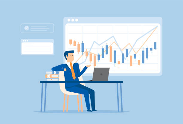 사업가는 비트 코인의 구입에서 자신의 이익을 보여줍니다 - nasdaq financial occupation chart trader stock illustrations