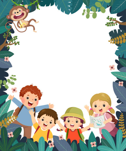 Template for advertising brochure with cartoon of happy children camping or traveling in the forest. Template for advertising brochure with cartoon of happy children camping or traveling in the forest. journey borders stock illustrations