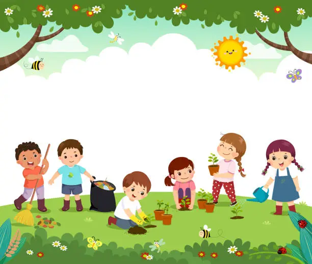Vector illustration of Template for advertising brochure with cartoon of kid volunteers plant trees in the park. Happy children work together to improve the environment.
