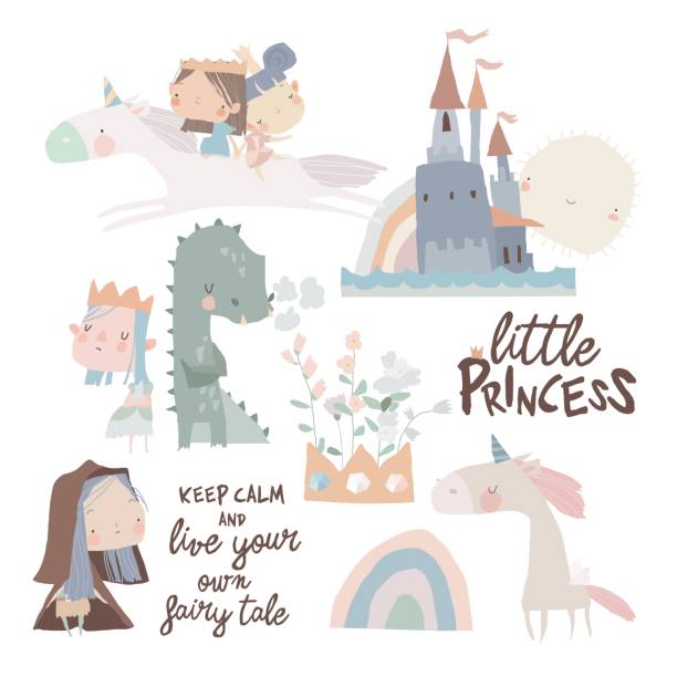 흰색 배경에 귀여운 작은 공주, 용과 마법의 유니콘세트 - castle dragon magic fairy stock illustrations