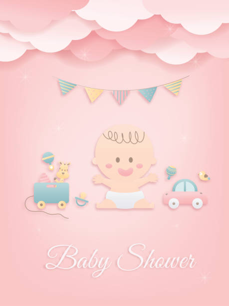 ilustraciones, imágenes clip art, dibujos animados e iconos de stock de tarjeta de felicitación de papel de baby shower. - party newborn baby hospital