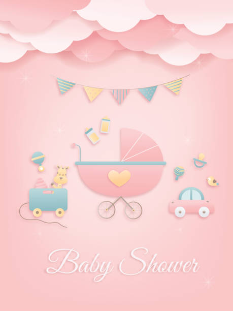 Baby shower papercraft greeting card. Vector illustration greeting card for a baby shower on pink background, cute design Papercraft toys, and Stroller on background, Cute papercraft and paper cut style. baby shower card stock illustrations