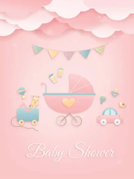 Vector illustration of Baby shower papercraft greeting card.