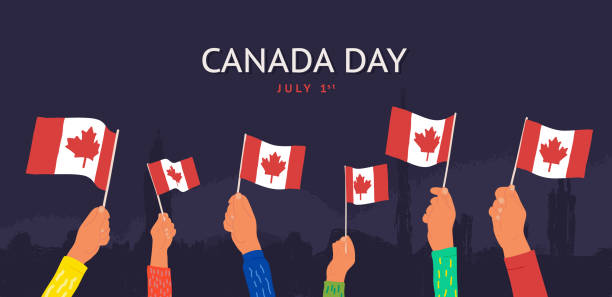 illustrazioni stock, clip art, cartoni animati e icone di tendenza di celebrazione happy canada giorno 1 luglio illustrazione vettoriale. le mani dei cartoni animati sventolano bandiere canadesi su sfondo scuro. - canadian flag canadian culture canada people