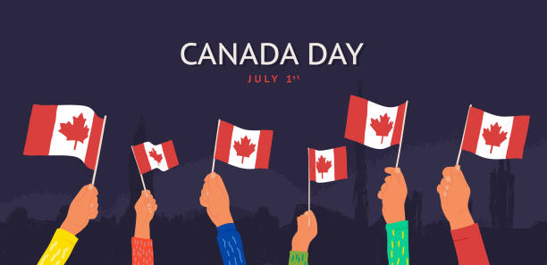 Celebration Happy Canada day July 1st vector illustration. Cartoon hands wave Canada flags on dark background. Celebration Happy Canada day July 1st vector illustration. Cartoon hands wave Canada flags on dark background canada day poster stock illustrations