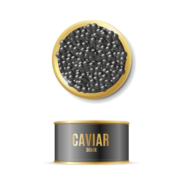 ilustraciones, imágenes clip art, dibujos animados e iconos de stock de realista detallado 3d negro caviar puede establecer. vector - caviar