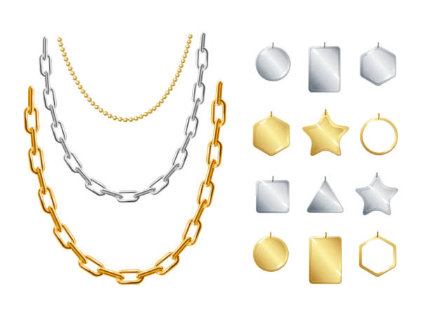 ilustrações de stock, clip art, desenhos animados e ícones de realistic detailed 3d gold and silver chain necklace with pendants set. vector - gold chain chain circle connection