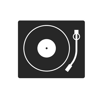 Vector flat design black filled style gramophone with record. Vinyl disc web icon.