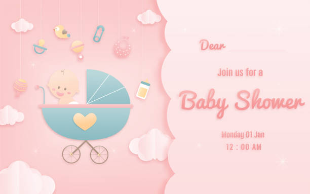 ilustraciones, imágenes clip art, dibujos animados e iconos de stock de tarjeta de felicitación de papel de baby shower. - party newborn baby hospital