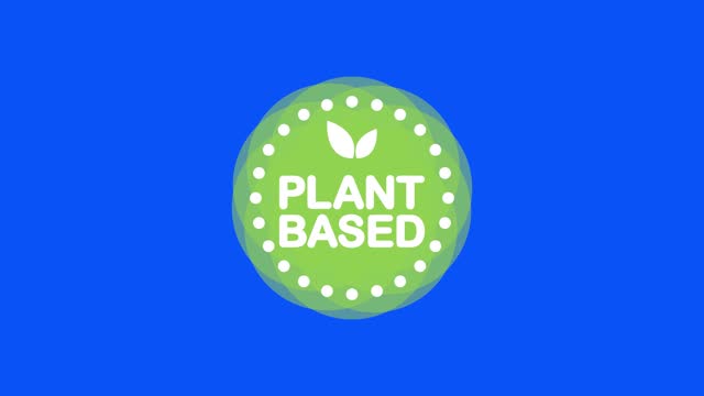 Plant based green stamp in flat style on white background. Motion graphics.