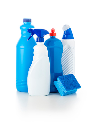 Front view of various cleaning products isolated on white background. The products are blue and white. Studio shot taken with Canon EOS 6D Mark II and Canon EF 24-105mm f/4L
