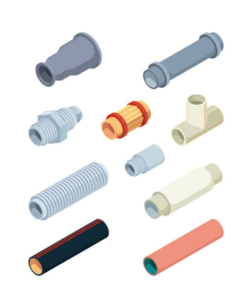 Pipes isometric. Industrial pictures of pvc plastic pipes repairing details for bathroom garish vector valves industrial connectors Pipes isometric. Industrial pictures of pvc plastic pipes repairing details for bathroom garish vector valves industrial connectors. Illustration plastic construction, plumbing and pipeline pipe tube stock illustrations