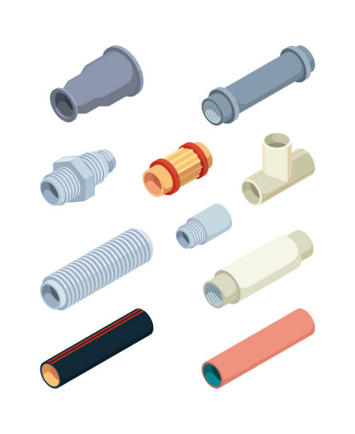 Pipes isometric. Industrial pictures of pvc plastic pipes repairing details for bathroom garish vector valves industrial connectors Pipes isometric. Industrial pictures of pvc plastic pipes repairing details for bathroom garish vector valves industrial connectors. Illustration plastic construction, plumbing and pipeline Canal stock illustrations