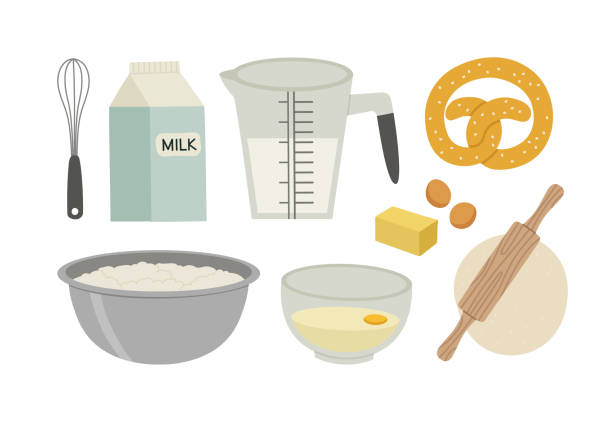 Vector illustration of baking products and tools. Vector illustration of baking products and tools. Whisk, milk, measuring cup, dough for kneading, flour, dough, rolling pin, eggs, butter. Suitable for illustrating cooking, recipes, healthy eating. egg beater stock illustrations