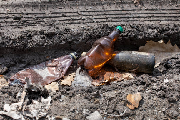istock plastic bottles on a sandy road in the forest with leaves, horizontal 1317762003