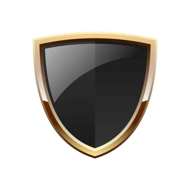 Vector illustration of Black and gold shiny shield. Luxury heraldic logo element. Protection and safety concept.