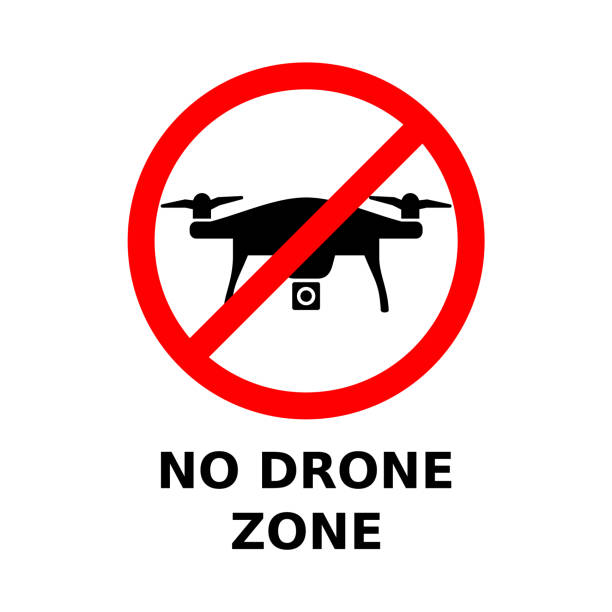 No drone zone sign. Flying drones prohibition symbol with text. No fly zone. Drone flights not allowed. Drones prohibited in the area. Drone inside warning sign. Vector illustration, flat, clip art. drone symbols stock illustrations