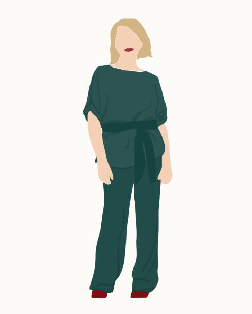 ilustrações de stock, clip art, desenhos animados e ícones de abstract woman in full size. stylish green pantsuit. beauty and fashion. concept of feminism and freedom. vector boho illustration in minimalist style - fato de senhora