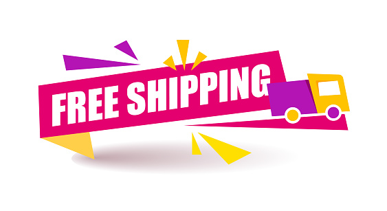 Red Label free shipping. Speech bubble with truck. Vector pink banner in modern flat style on white.