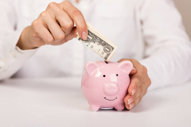 istock Woman putting dollar bancnote into piggy bank on light blue background, closeup. Space for text 1317763548