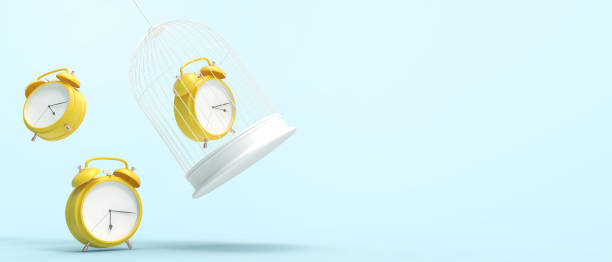istock Alarm clock Yellow in Cage on Blue background and Time Concept Modern Art Minimal - 3d rendering 1317763900