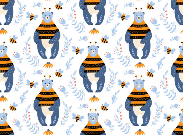 Bear seamless pattern nursery print honey bee Seamless pattern with bear, honey, and bee. Cute nursery print. Baby wallpaper. Woodland animals pattern. Vector hand drawn background for fabrics, textile, and wrap paper. bee costume stock illustrations