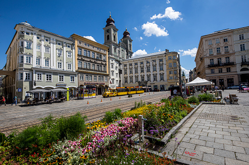 Bratislava, Slovakia - August 23, 2022: Tourists along the city center on a summer day.