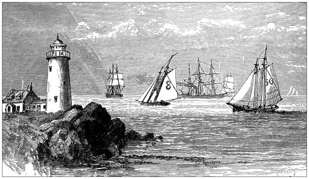 antike illustration aus schulatlas: leuchtturm und lotsenboote - lighthouse reef stock-grafiken, -clipart, -cartoons und -symbole