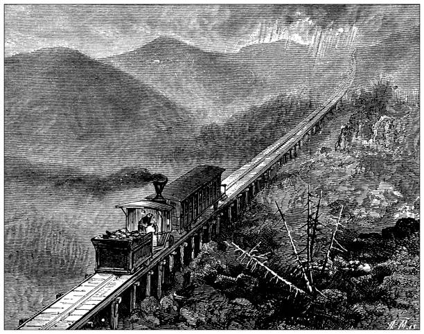 ilustraciones, imágenes clip art, dibujos animados e iconos de stock de ilustración antigua del atlas escolar: ferrocarril en el monte washington - mt washington