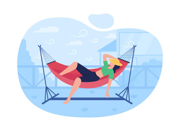 Sleeping in hammock 2D vector web banner, poster Sleeping in hammock 2D vector web banner, poster. Camping. Enjoying free time in hanging bed flat character on cartoon background. Girl resting outdoors printable patch, colorful web element hammock stock illustrations