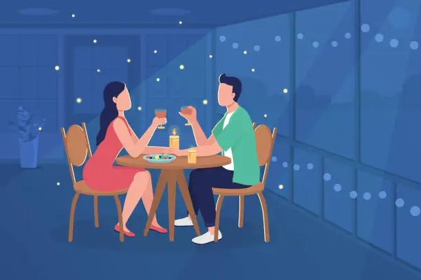 Vector illustration of Couple at restaurant flat color vector illustration